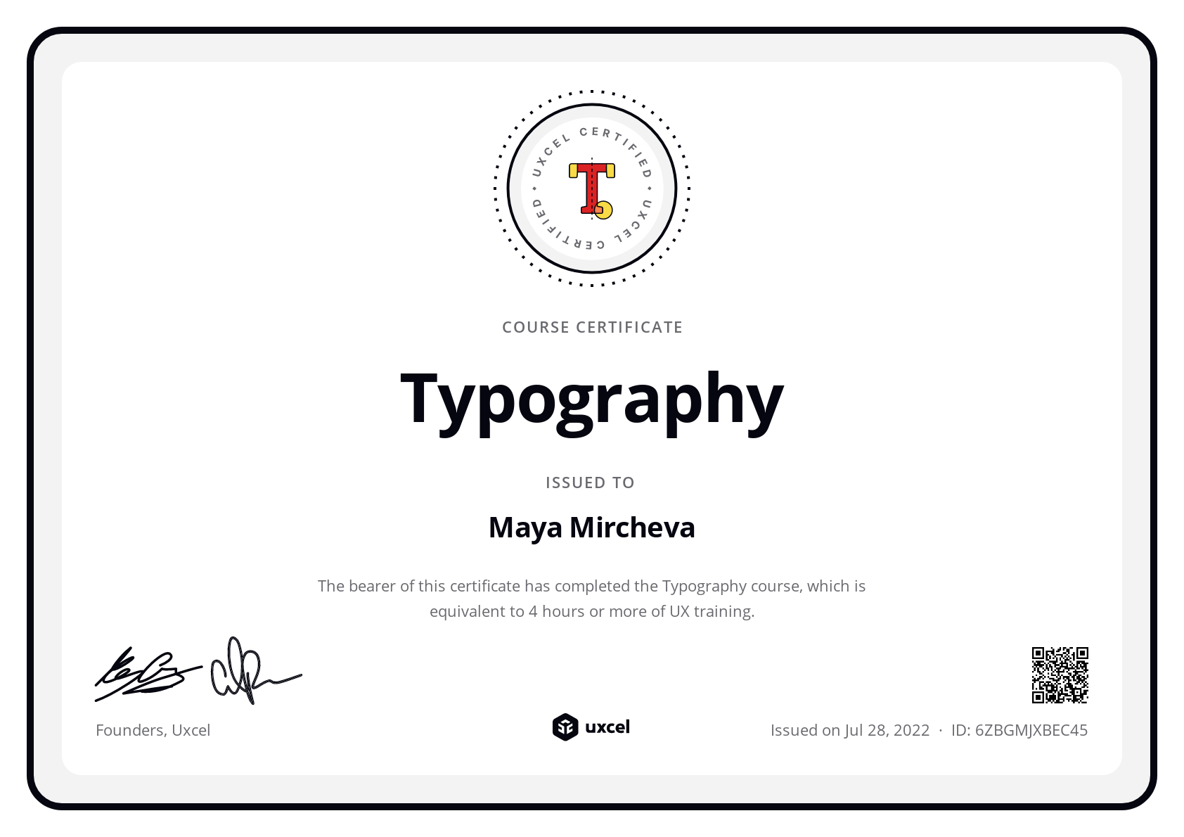 Maya Mircheva's certificate